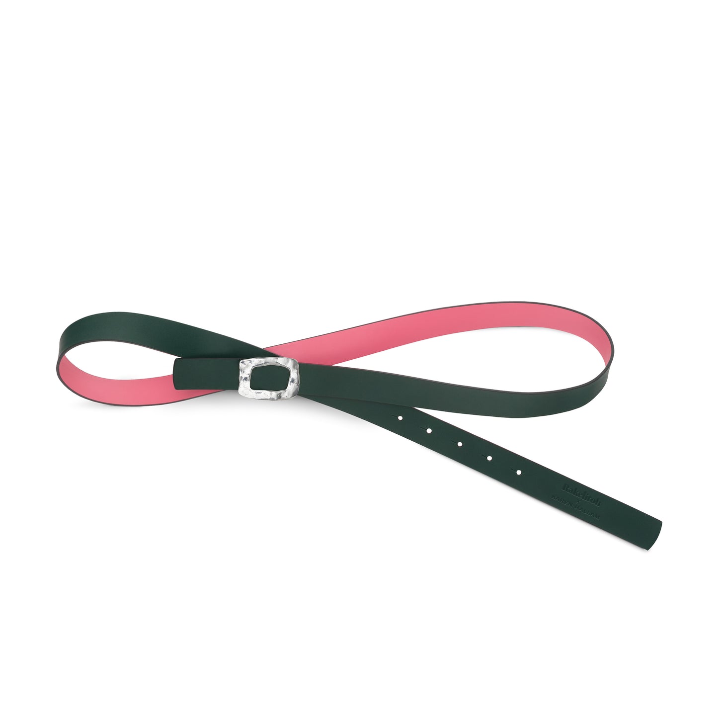 CINTURÓN ROSA y VERDE BOTELLA- CUERO REVERSIBLE 25 mm / HEBILLA PEQUEÑA LATON BAÑADO EN PLATA