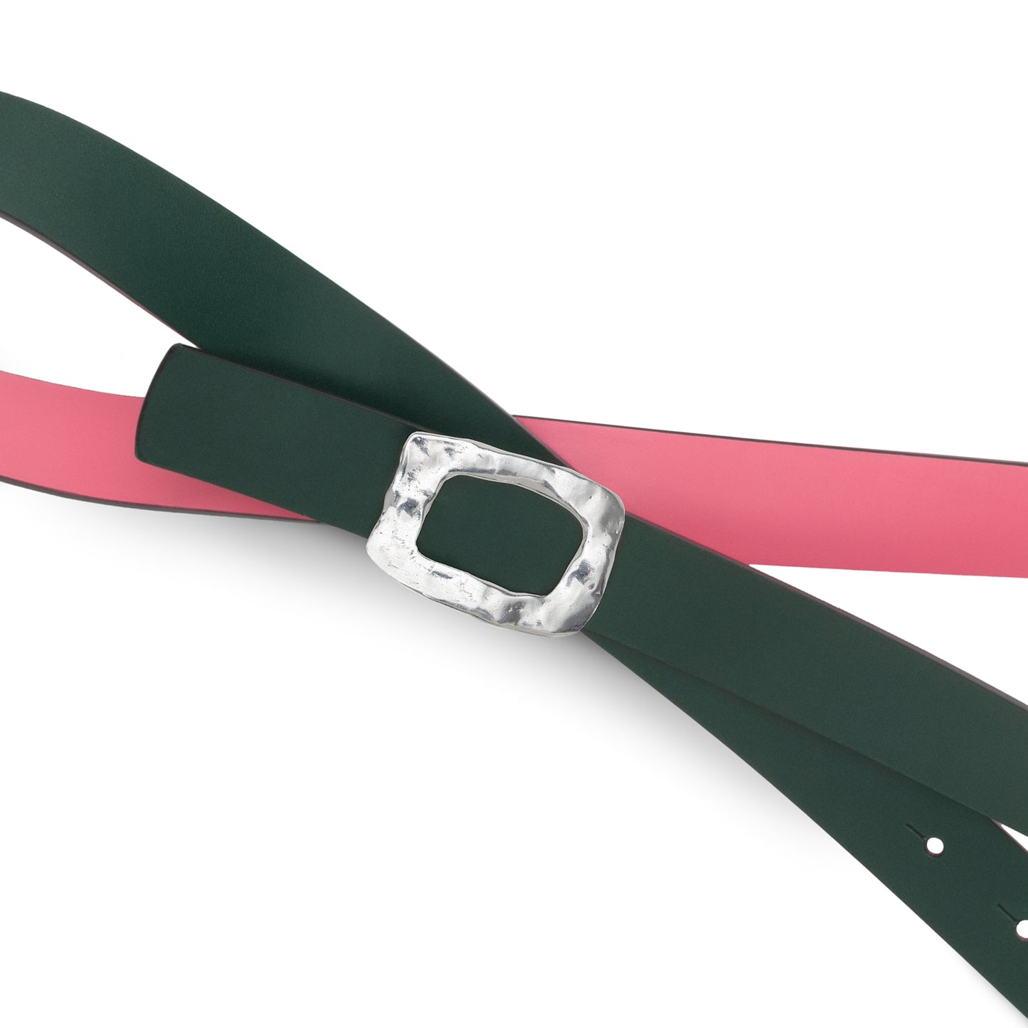CINTURÓN ROSA y VERDE BOTELLA- CUERO REVERSIBLE 25 mm / HEBILLA PEQUEÑA LATON BAÑADO EN PLATA