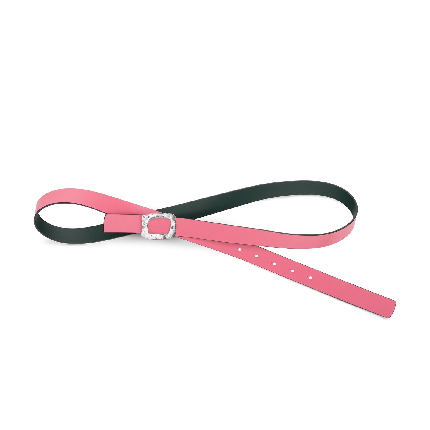 CINTURÓN ROSA y VERDE BOTELLA- CUERO REVERSIBLE 25 mm / HEBILLA PEQUEÑA LATON BAÑADO EN PLATA