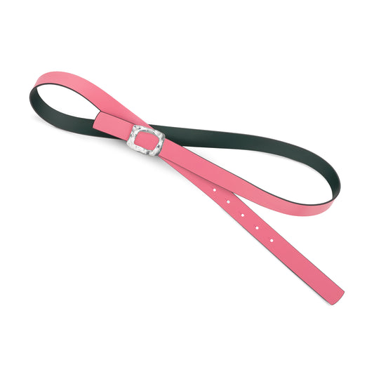 CINTURÓN ROSA y VERDE BOTELLA- CUERO REVERSIBLE 25 mm / HEBILLA PEQUEÑA LATON BAÑADO EN PLATA