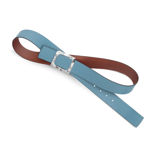 CINTURÓN CELESTE - CUERO REVERSIBLE 42 mm / HEBILLA GRANDE ACABADO PLATA