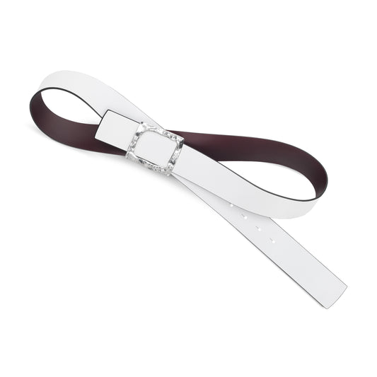 CINTURÓN BLANCO - BURDEOS REVERSIBLE 42 mm / HEBILLA GRANDE ACABADO PLATA