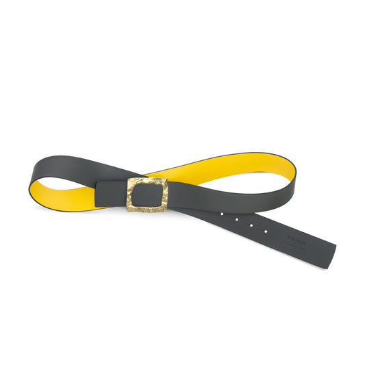 CINTURÓN AMARILLO - GRIS REVERSIBLE 42 mm / HEBILLA GRANDE LATÓN