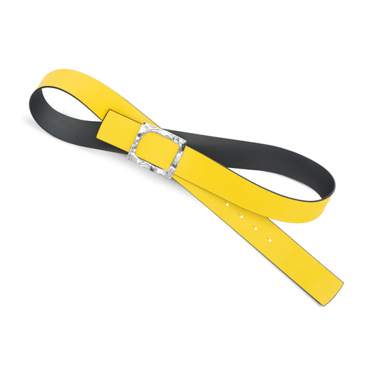 CINTURÓN AMARILLO - GRIS REVERSIBLE 42 mm / HEBILLA GRANDE ACABADO PLATA