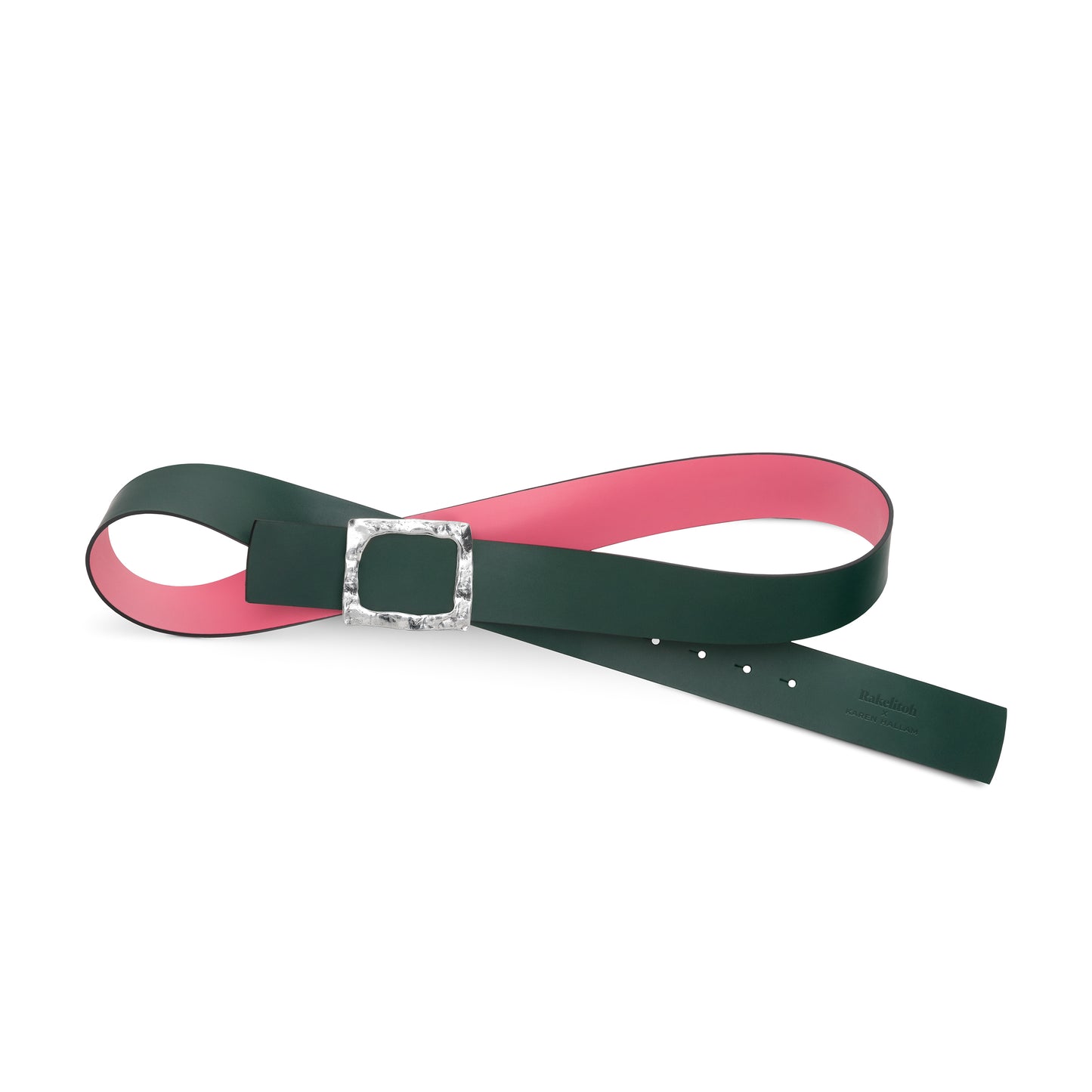 CINTURÓN ROSA - VERDE BOTELLA REVERSIBLE 42 mm / HEBILLA GRANDE ACABADO PLATA
