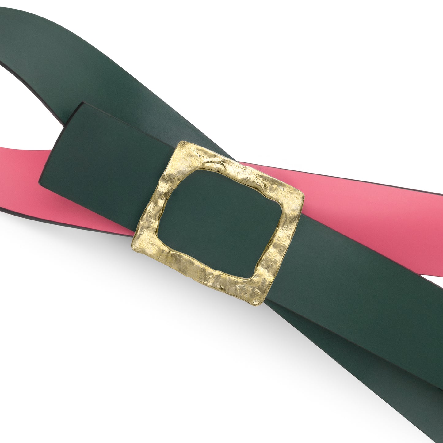 CINTURÓN ROSA - VERDE BOTELLA REVERSIBLE 42 mm / HEBILLA GRANDE LATÓN