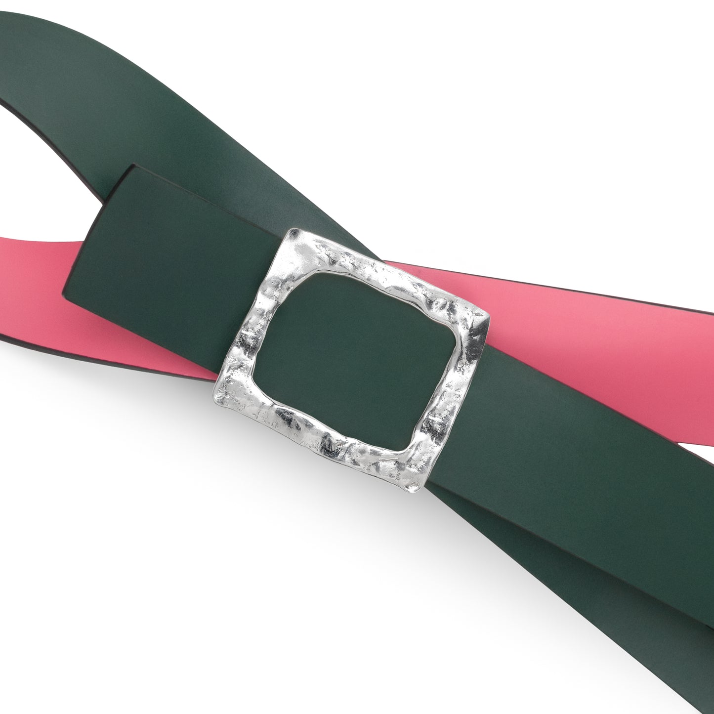 CINTURÓN ROSA - VERDE BOTELLA REVERSIBLE 42 mm / HEBILLA GRANDE ACABADO PLATA