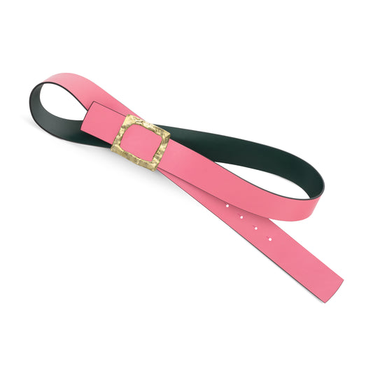 CINTURÓN ROSA - VERDE BOTELLA REVERSIBLE 42 mm / HEBILLA GRANDE LATÓN