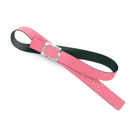 CINTURÓN ROSA - VERDE BOTELLA REVERSIBLE 42 mm / HEBILLA GRANDE ACABADO PLATA
