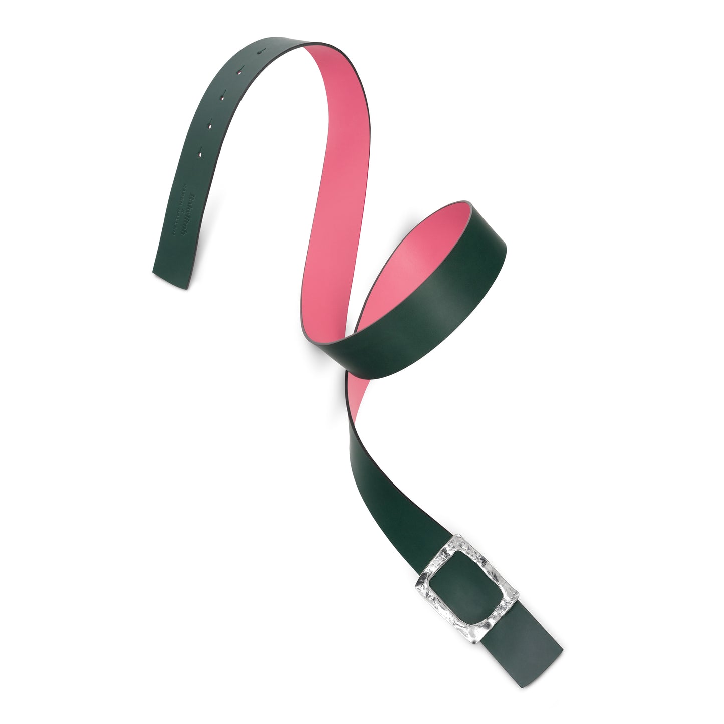 CINTURÓN ROSA - VERDE BOTELLA REVERSIBLE 42 mm / HEBILLA GRANDE ACABADO PLATA