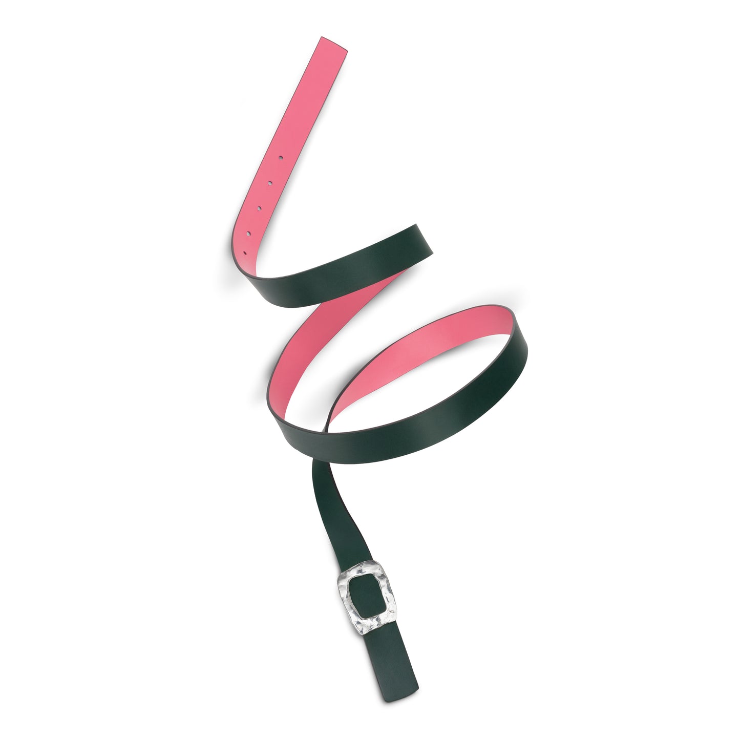 CINTURÓN ROSA y VERDE BOTELLA- CUERO REVERSIBLE 25 mm / HEBILLA PEQUEÑA LATON BAÑADO EN PLATA