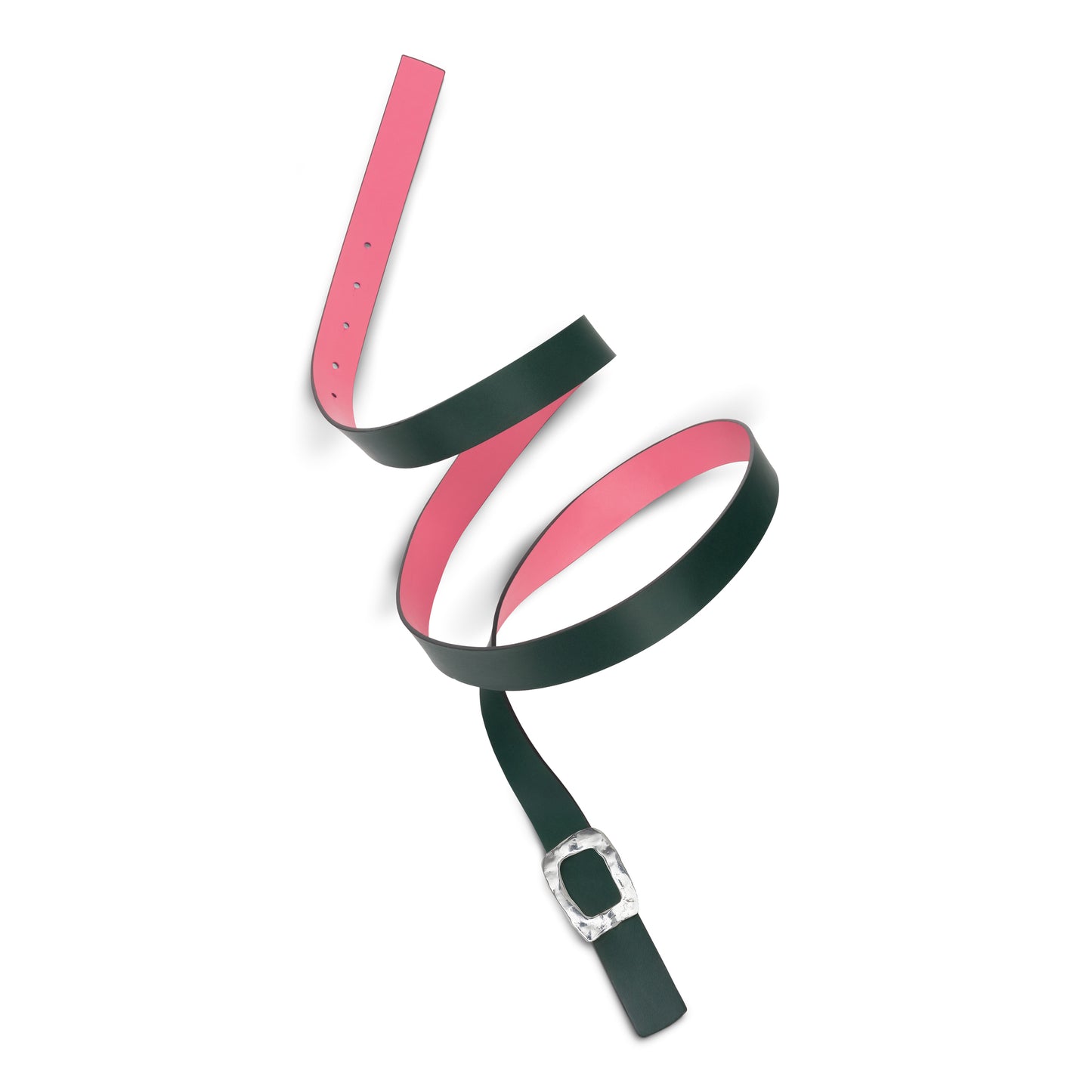 CINTURÓN ROSA y VERDE BOTELLA- CUERO REVERSIBLE 25 mm / HEBILLA PEQUEÑA LATON BAÑADO EN PLATA