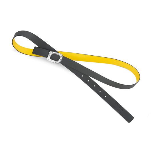 CINTURÓN AMARILLO y GRIS- CUERO REVERSIBLE 25 mm / HEBILLA PEQUEÑA LATON BAÑADO EN PLATA