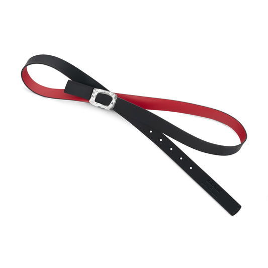 CINTURÓN ROJO y NEGRO- CUERO REVERSIBLE 25 mm / HEBILLA PEQUEÑA LATON BAÑADO EN PLATA