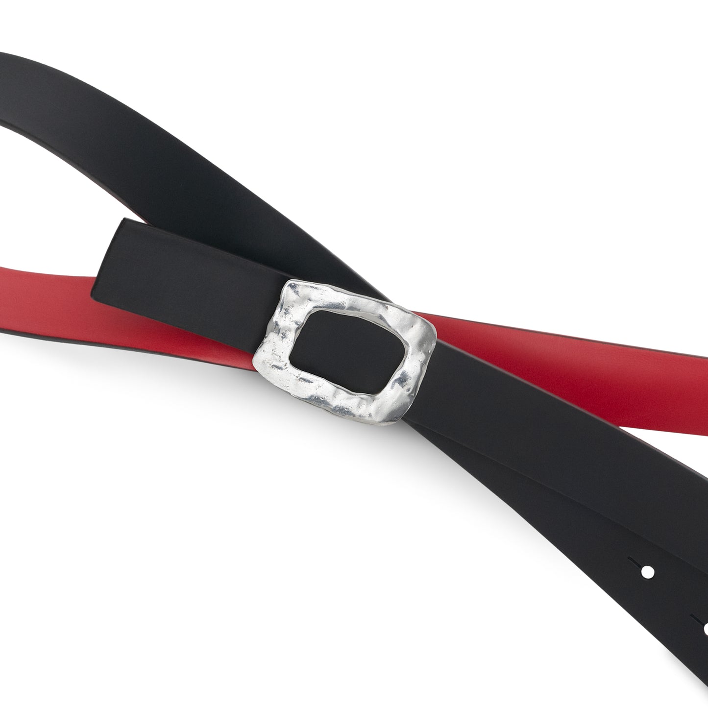 CINTURÓN ROJO y NEGRO- CUERO REVERSIBLE 25 mm / HEBILLA PEQUEÑA LATON BAÑADO EN PLATA