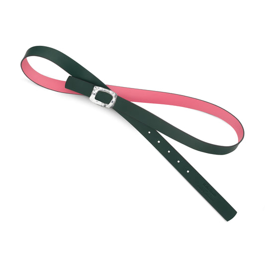 CINTURÓN ROSA y VERDE BOTELLA- CUERO REVERSIBLE 25 mm / HEBILLA PEQUEÑA LATON BAÑADO EN PLATA