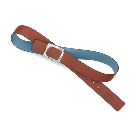 CINTURÓN CELESTE - CUERO REVERSIBLE 42 mm / HEBILLA GRANDE ACABADO PLATA