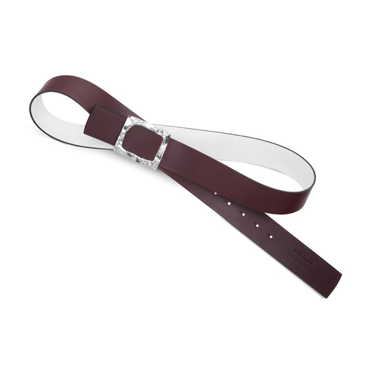 CINTURÓN BLANCO - BURDEOS REVERSIBLE 42 mm / HEBILLA GRANDE ACABADO PLATA