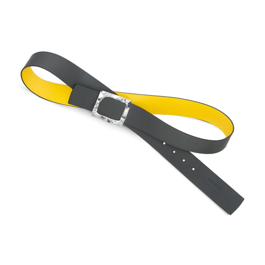CINTURÓN AMARILLO - GRIS REVERSIBLE 42 mm / HEBILLA GRANDE ACABADO PLATA