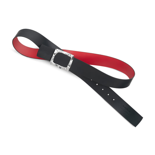 CINTURÓN ROJO - NEGRO REVERSIBLE 42 mm / HEBILLA GRANDE ACABADO PLATA