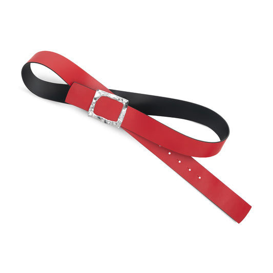 CINTURÓN ROJO - NEGRO REVERSIBLE 42 mm / HEBILLA GRANDE ACABADO PLATA