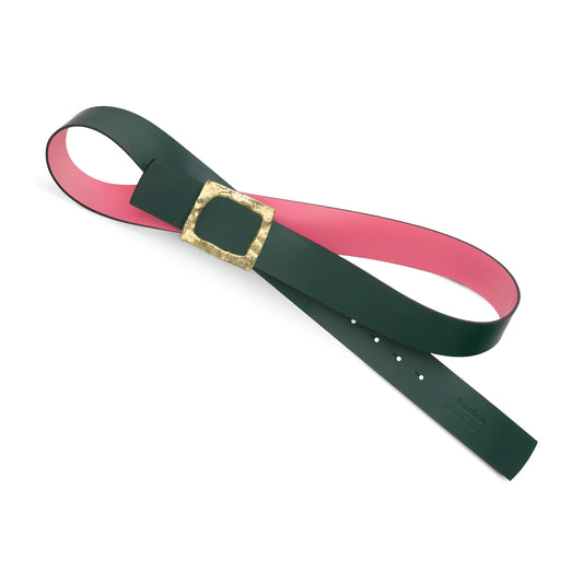 CINTURÓN ROSA - VERDE BOTELLA REVERSIBLE 42 mm / HEBILLA GRANDE LATÓN