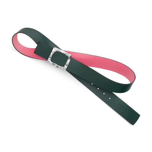 CINTURÓN ROSA - VERDE BOTELLA REVERSIBLE 42 mm / HEBILLA GRANDE ACABADO PLATA